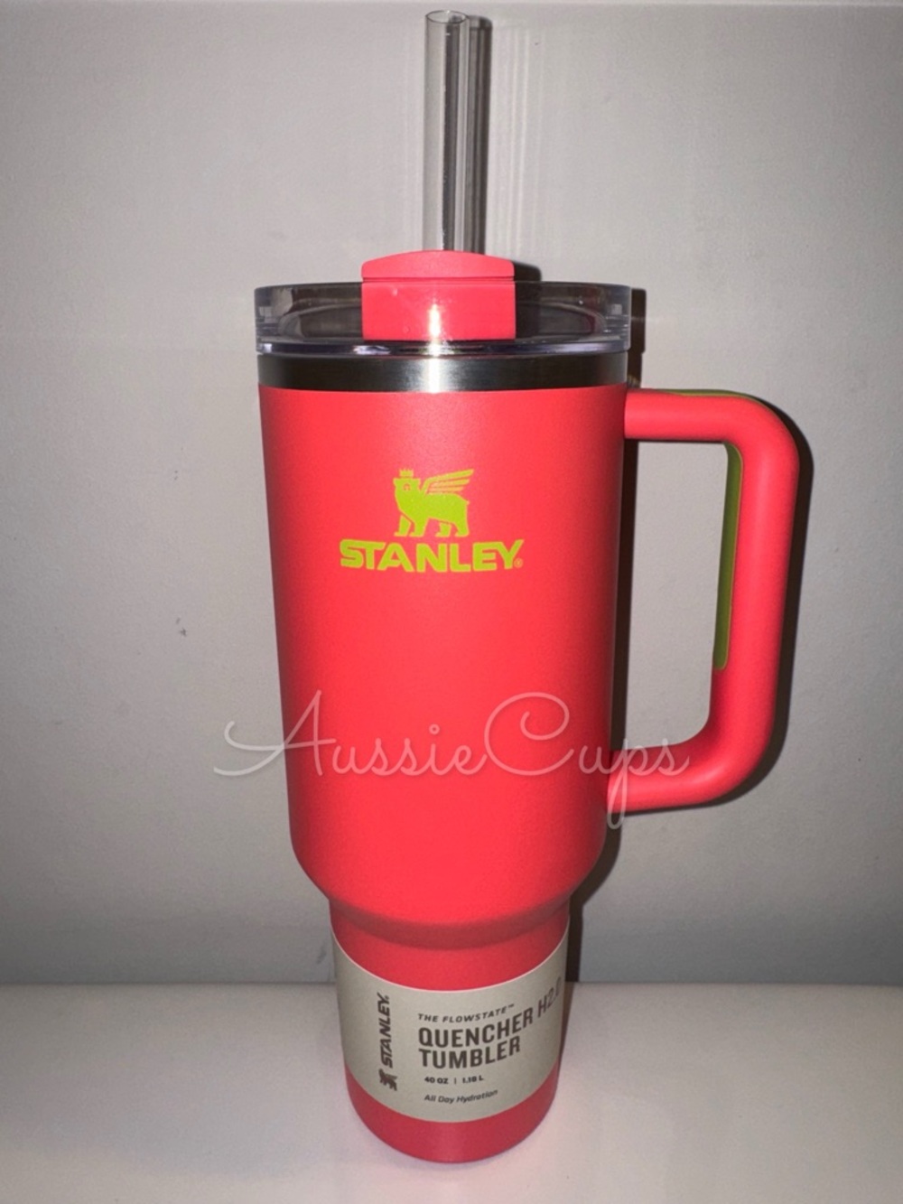 Stanley Hibiscus 40 oz Quencher 40oz Tumbler - Coral with Lime Logo, small flaws